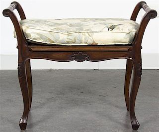 * A Louis XV Style Walnut Bench, Height 21 1/2 x width 27 x depth 14 5/8 inches.