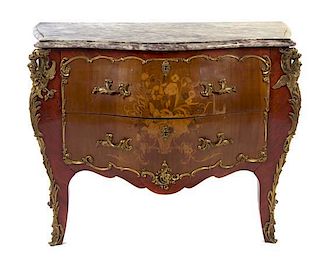 * A Louis XV Style Gilt Bronze Mounted Marquetry Bombe Commode, Height 36 1/4 x width 45 x depth 25 1/4 inches.
