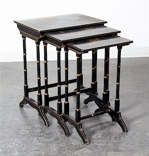 * A Set of Three Victorian Chinoiserie Lacquered Nesting Tables, Height 25 x width 20 x depth 14 inches.