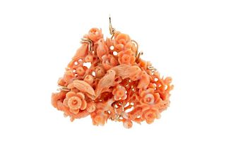 Hand Carved Coral Pendant with Birds & Flowers