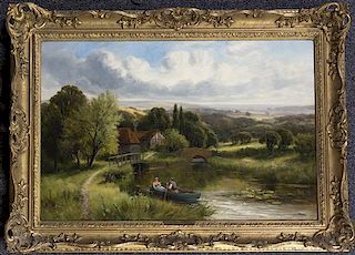 J. Morris, (British, 19th century), Rowing on a Country Stream