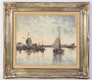 * Simon Kramer, (Dutch, b. 1940), Boat by Windmill on Coast