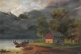 * Artist Unknown, (19th/20th century), Cabin by a Mountain Lake