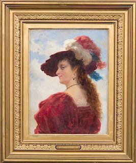 Camillo Innocenti, (Italian, 1871-1961), Profile of a Lady in a Red Dress and Feathered Hat