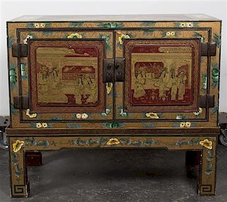 A Chinese Cabinet with Two Doors. Height 30 x width 34 3/4 x depth 18 7/8 inches.