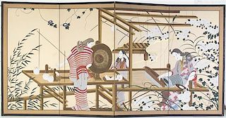 A Japanese Four-Panel Floor Screen, Height of each panel 36 1/8 x width 18 inches.