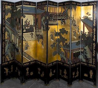 A Chinese Eight-Panel Coromandel Floor Screen, Height of each panel 84 x width 15 3/4 inches.