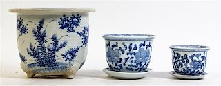 Three Blue and White Porcelain Jardinieres, Height of tallest 7 1/4 inches.
