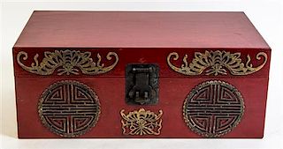 A Chinese Red Painted Chest, Height 9 x width 23 x depth 13 inches.