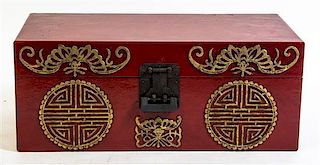 A Chinese Red Painted Chest, Height 8 x width 20 x depth 10 inches.