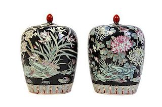 A Pair of Famille Noire Jars and Covers, Height 12 1/2 inches.