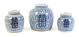A Group of Three Covered Jars, Height of tallest 9 inches.