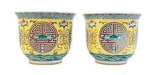 A Pair of Polychrome Enamel Porcelain Jardinieres, Height 11 7/8 inches.
