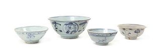 A Group of Blue and White Bowls, Diameter of largest 7 3/8 inches.