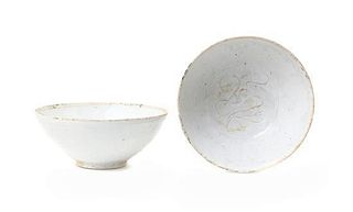 A Pair of Qingbai Glaze Bowls, Diameter 6 5/8 inches.