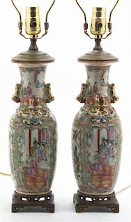 A Pair of Rose Medallion Lamps. Height overall 25 inches.