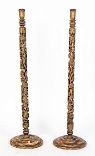 * A Pair of Chinese Carved Wood Candlesticks, Height 26 1/4 inches.
