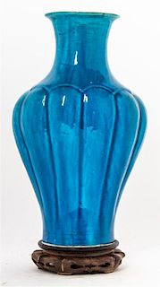 * A Peacock Blue Glazed Baluster Vase, Height 13 1/2 inches.