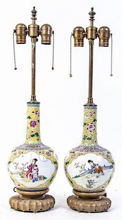 A Pair of Chinese Famille Jaune Porcleain Vases, Height overall 24 1/2 inches.