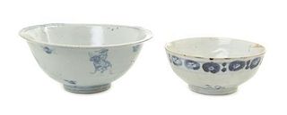 * Two Blue and White Decorated Bowls, Diameter of wider 5 7/8 inches.