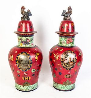 * A Pair of Chinese Export Ceramic Jars and Covers, Height 29 1/2 inches.