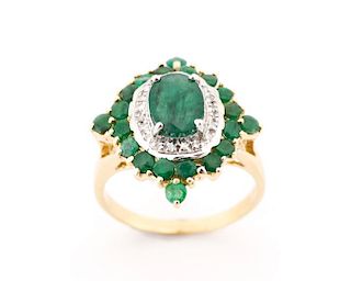 14k Yellow Gold, Emerald and Diamond Cocktail Ring