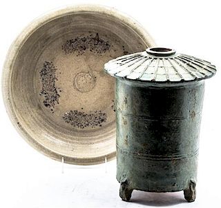 A Chinese Glazed Pottery Article, Height of taller 11 3/4 inches.