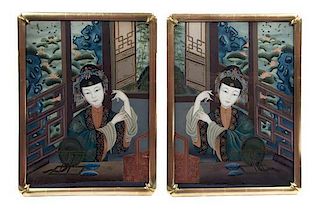 * A Pair of Chinese Reverse Paintings on Glass, Height 23 1/2 x width 17 1/2 inches.