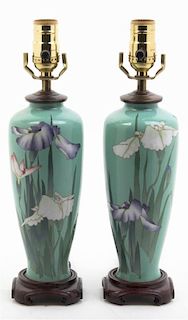 A Pair of Japanese Cloisonne Enamel Vases, Height overall 14 inches.