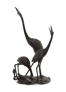 A Japanese Bronze Ornithological Group, Height 19 inches.