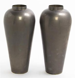 A Pair of Metal Vases, Height 14 7/8 inches.