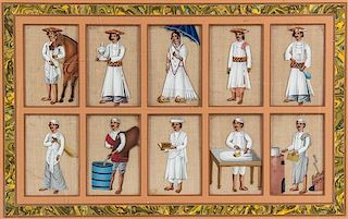 A Collection of Ten Indian Miniature Paintings, Height 19 x width 21 1/4 inches.