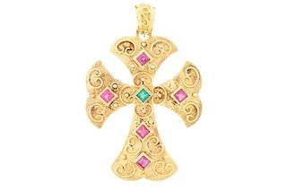 18K Yellow Gold, Ruby, & Emerald Cross Pendant