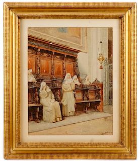 Enrico Tarenghi Signed Watercolor, Nuns in Prayer