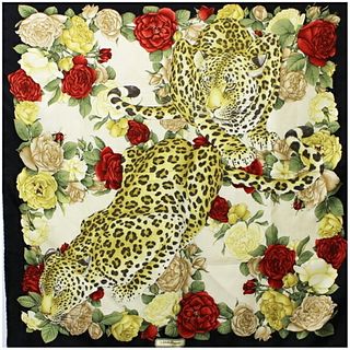 Salvatore Ferragamo Ferragamo Silk Scarf Stole Cream x Black Leopard Pattern SAATORE FERRAGAMO | Ladies Rose