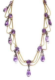 * An Antique Yellow Gold, Silver, Amethyst, Pearl and Diamond Swag Necklace, 41.60 dwts.