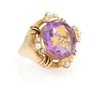 A Yellow Gold, Amethyst, Pearl and Enamel Ring, 12.90 dwts.
