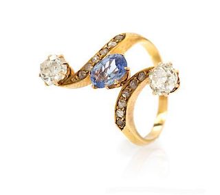 An Edwardian Yellow Gold, Diamond and Sapphire Ring, 3.00 dwts.