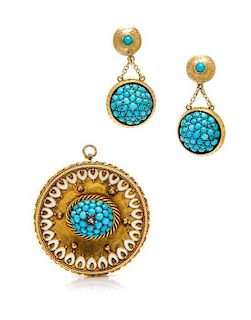 A Victorian Yellow Gold, Turquoise, Diamond and Enamel Brooch with Later Yellow Gold and Turquoise Earrings, 18.10 dwts.
