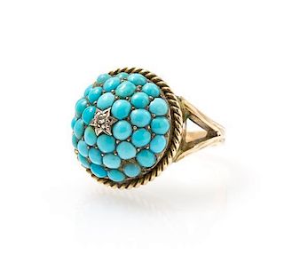 A Yellow Gold, Turquoise and Diamond Bombe Ring, 5.00 dwts.
