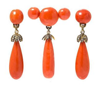 A Victorian Yellow Gold, Coral and Diamond Demi Parure, 40.50 dwts.
