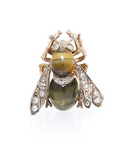 An Antique Silver Topped Gold, Tiger's Eye Quartz and Diamond Bee Pin, 3.20 dwts.