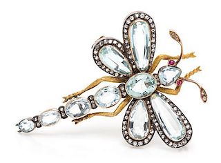 A Fine Belle Epoque Silver Topped Gold, Aquamarine, Diamond and Ruby Dragonfly Brooch, Fontenay, Circa 1883, 14.10 dwts.