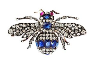 A Fine Victorian Silver Topped Gold, Sapphire and Diamond Bee Brooch, 7.65 dwts.