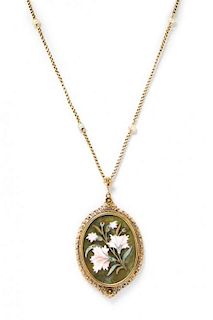 An Antique Yellow Gold, Seed Pearl and Hardstone Pietra Dura Pendant Necklace, 7.40 dwts.