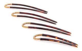 A Set of Antique Yellow Gold and Tortoiseshell Hair Pins, Cowell & Hubbard Co.,