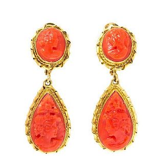 A Yellow Gold and Coral Cameo Demi Parure, 11.50 dwts.