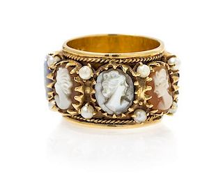 * A 14 Karat Yellow Gold, Cameo and Seed Pearl Ring, 9.40 dwts.