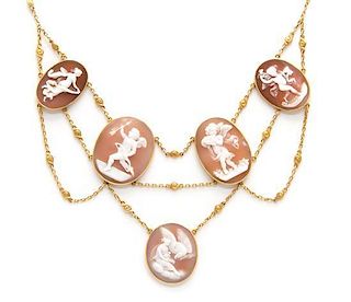 A Victorian Yellow Gold and Shell Cameo Swag Necklace, 21.70 dwts.