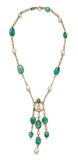 A Yellow Gold, Emerald and Cultured Pearl Necklace, 17.90 dwts.